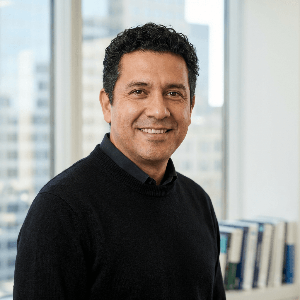 Headshot of a male professional in his late 30s, Hispanic, in a polo shirt, standing in a warehouse with a calm and practical expression