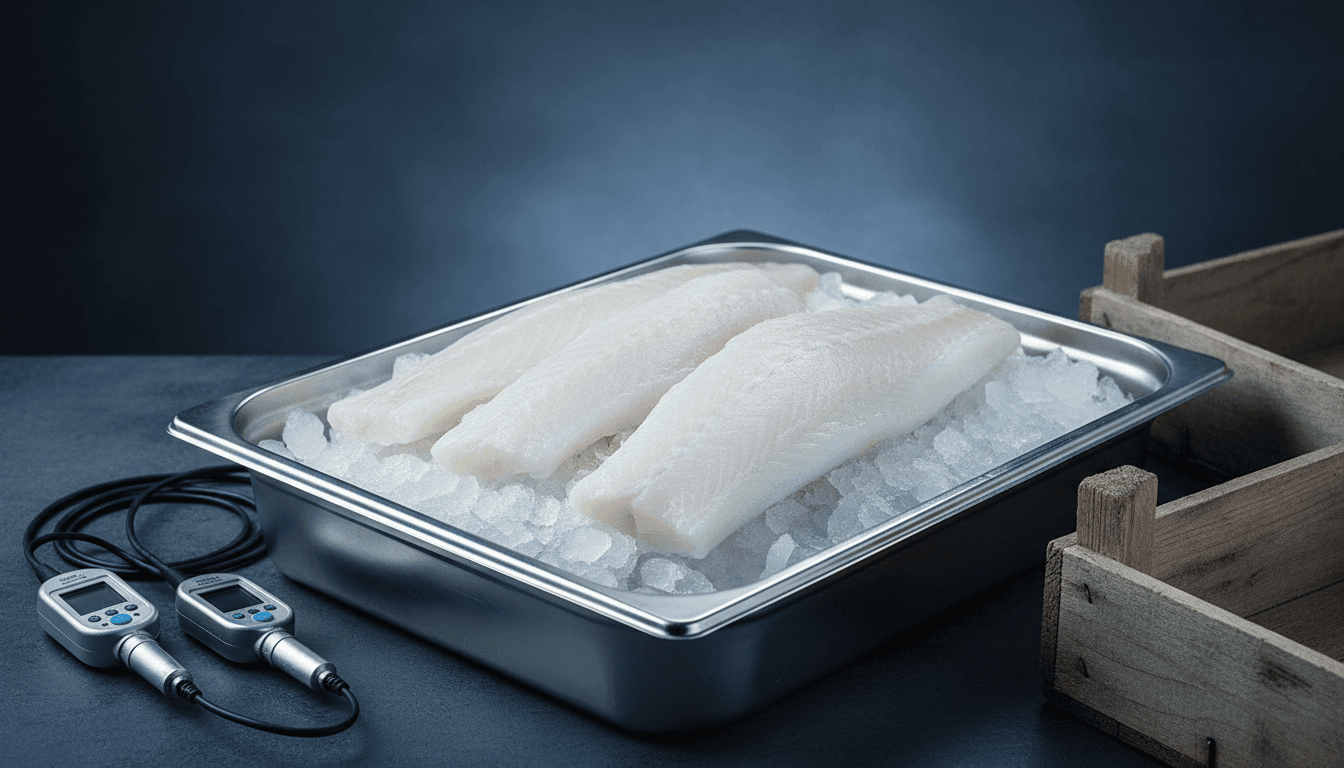 Close-up of premium pangasius fillets laid out on crushed ice, showing firm texture and fresh appearance