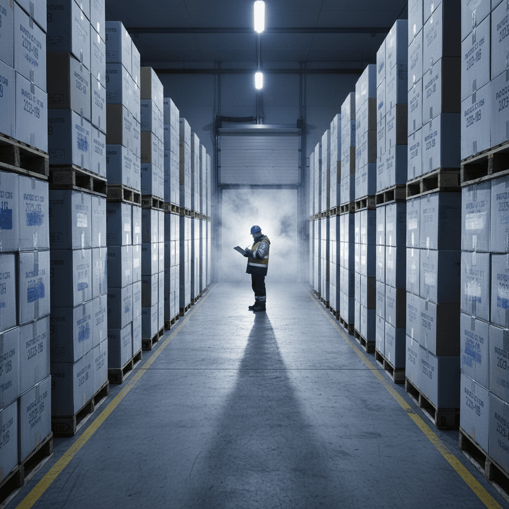 Interior of a cold storage warehouse with stacked pallets of frozen seafood boxes and a worker checking inventory