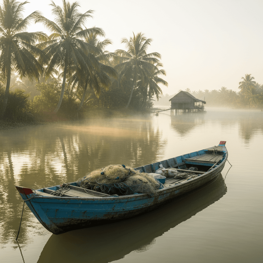 A traditional fishing boat moored in the Mekong Delta at sunrise, with mist and palm trees in the background