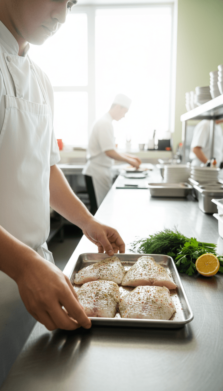 Chef preparing seasoned pangasius fillets in a restaurant kitchen