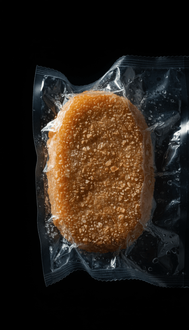 Close-up of frozen breaded pangasius product being unpackaged