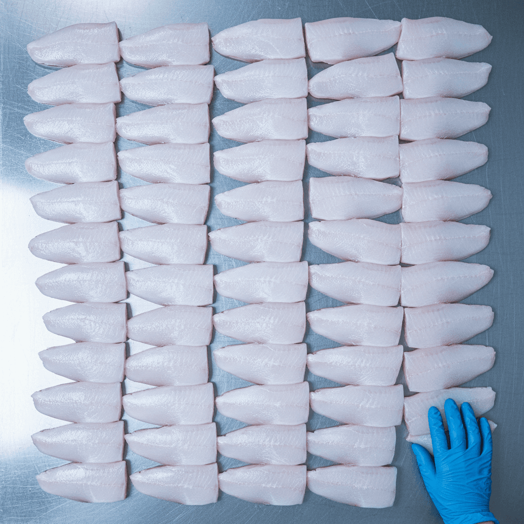Raw pangasius fillets laid out neatly on a clean stainless steel table with a gloved hand adjusting one