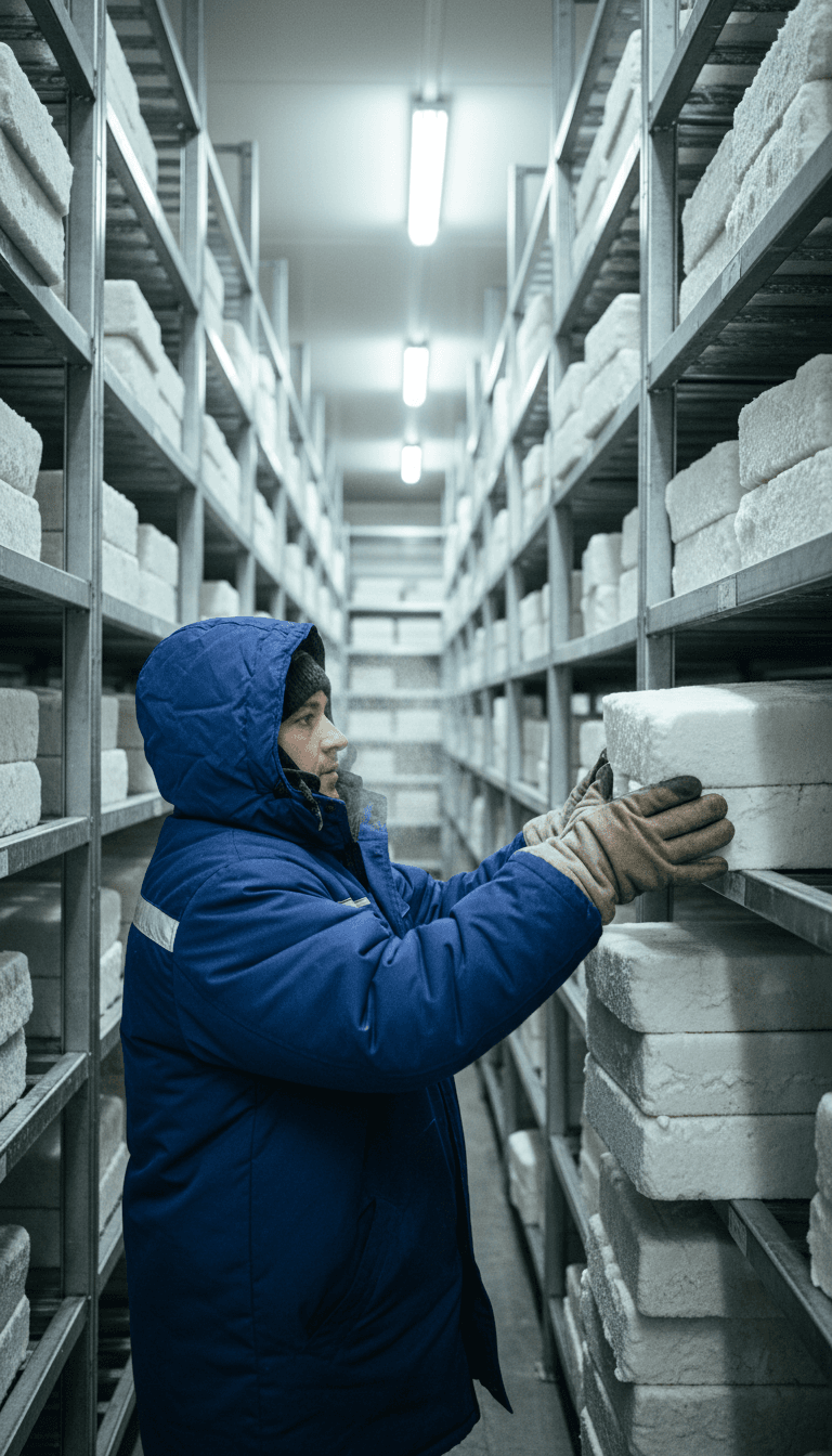 Worker stacking frozen fillet blocks in cold storage
