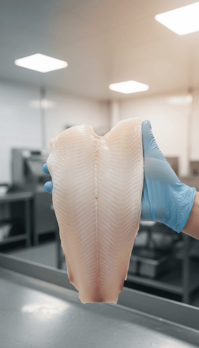 Fresh pangasius fillet on a clean work surface