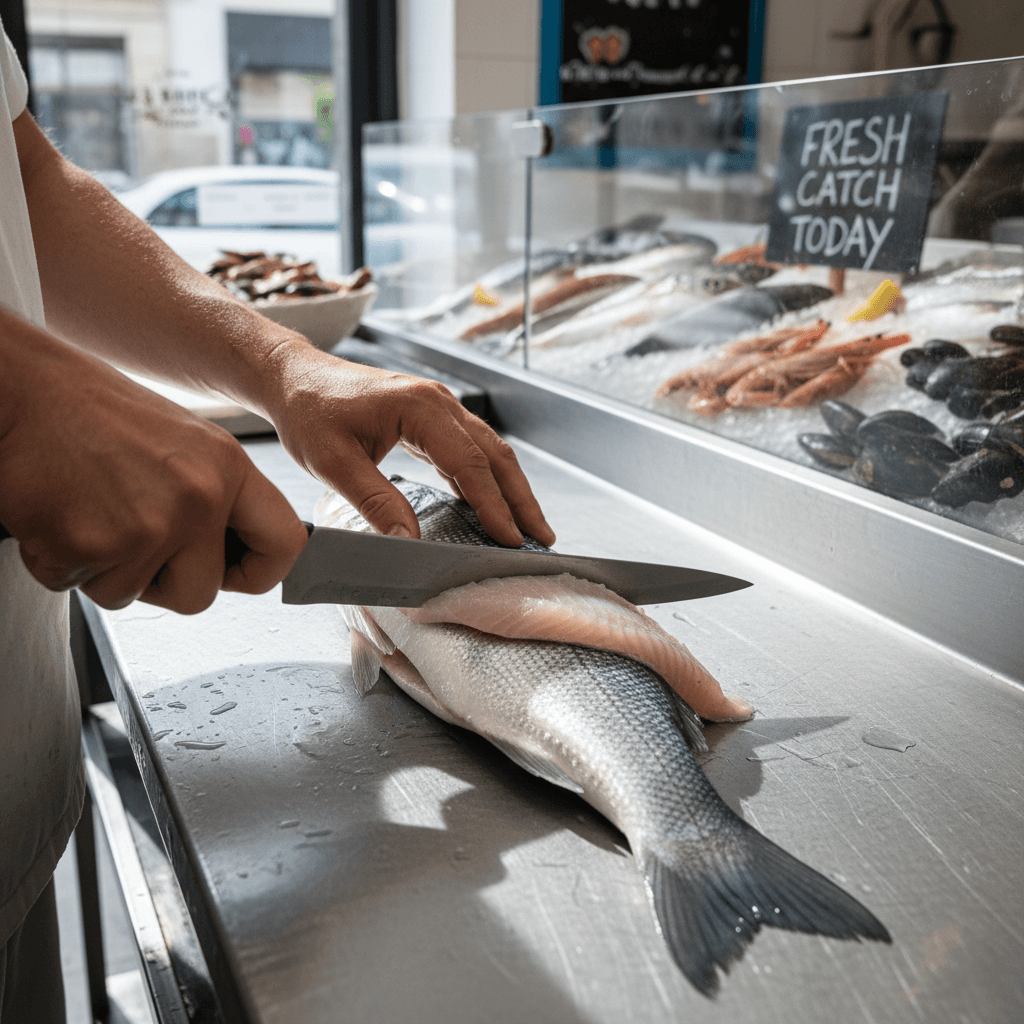 Hand placing a vacuum-sealed pangasius fillet on a stainless steel counter
