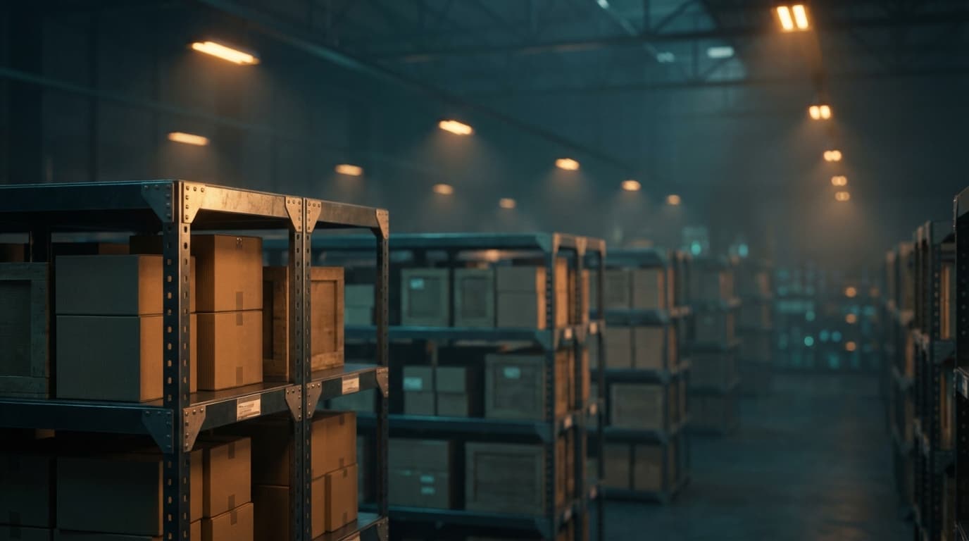 Shrink-wrapped pallet of frozen seafood in a warehouse