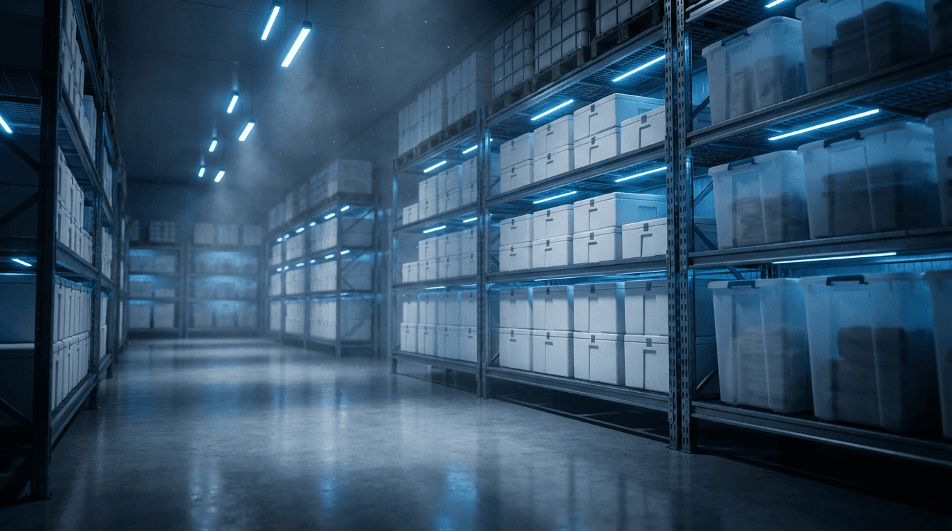Workers stacking boxes of frozen seafood in cold storage