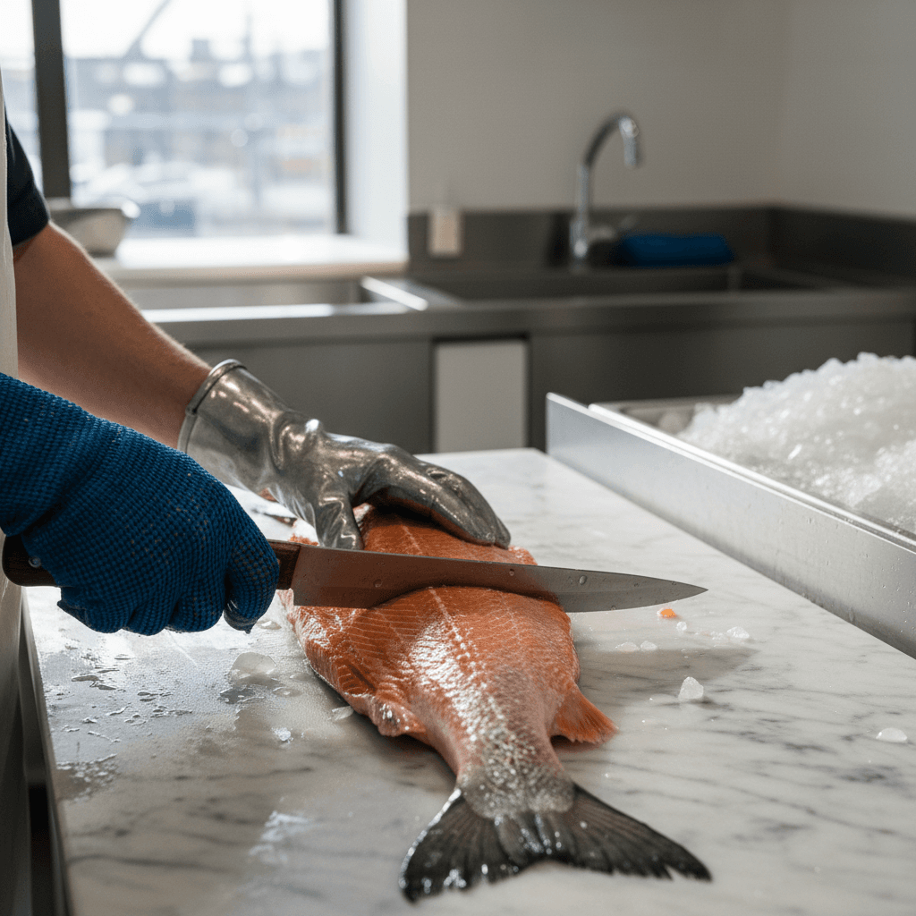 Chef holding a raw pangasius fillet on a stainless steel surface in a commercial kitchen