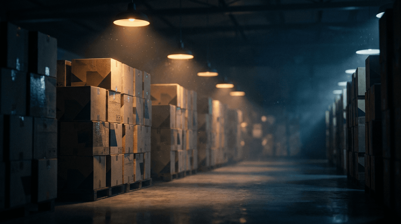 Cold storage warehouse with frozen seafood pallets