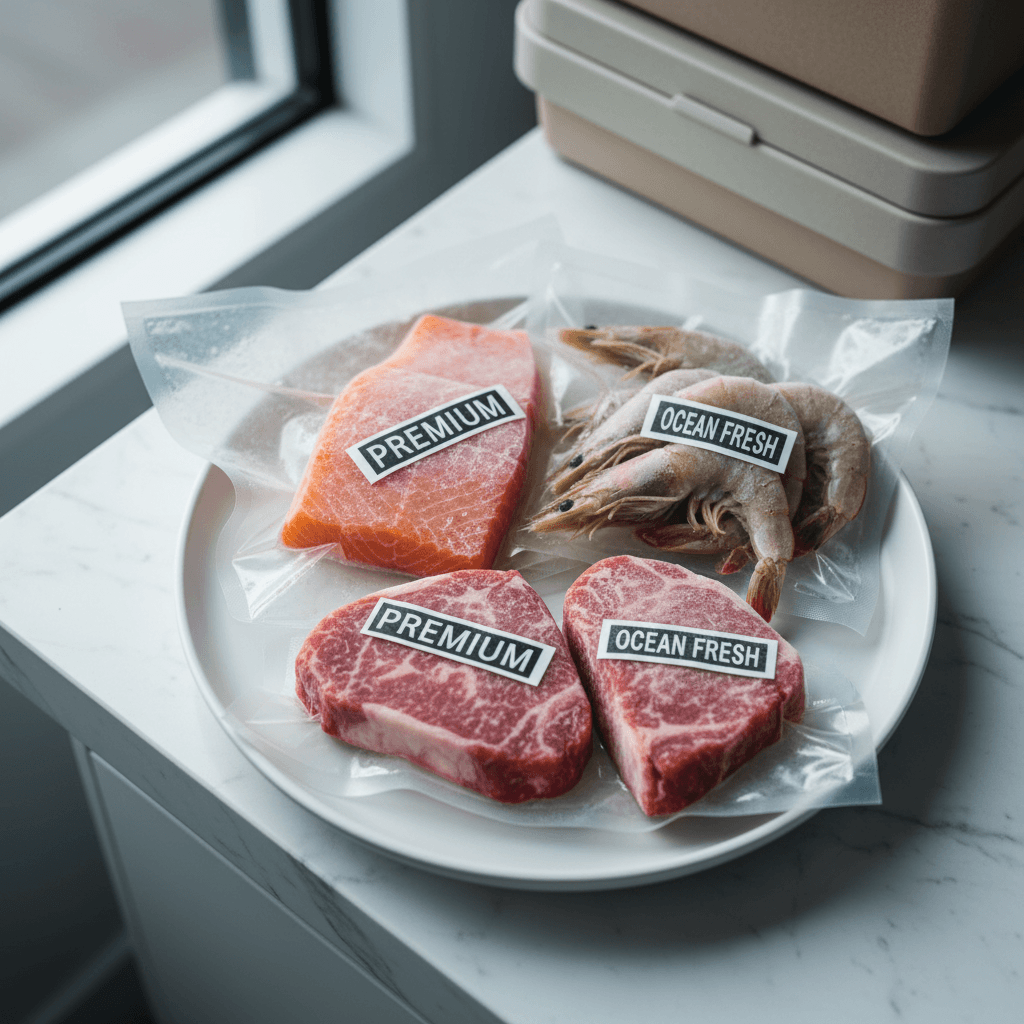Premium frozen pangasius fillets on a stainless steel surface